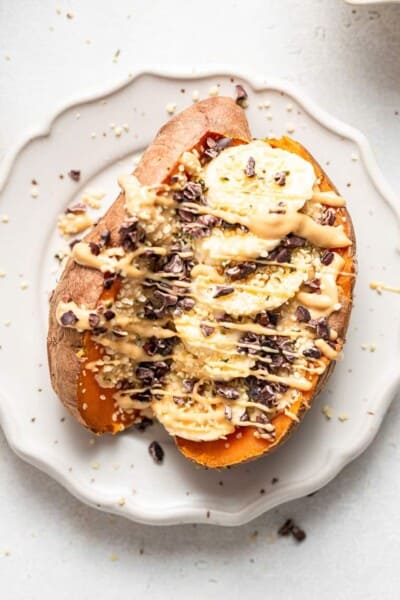 sweet potato with peanut butter and banana toppings