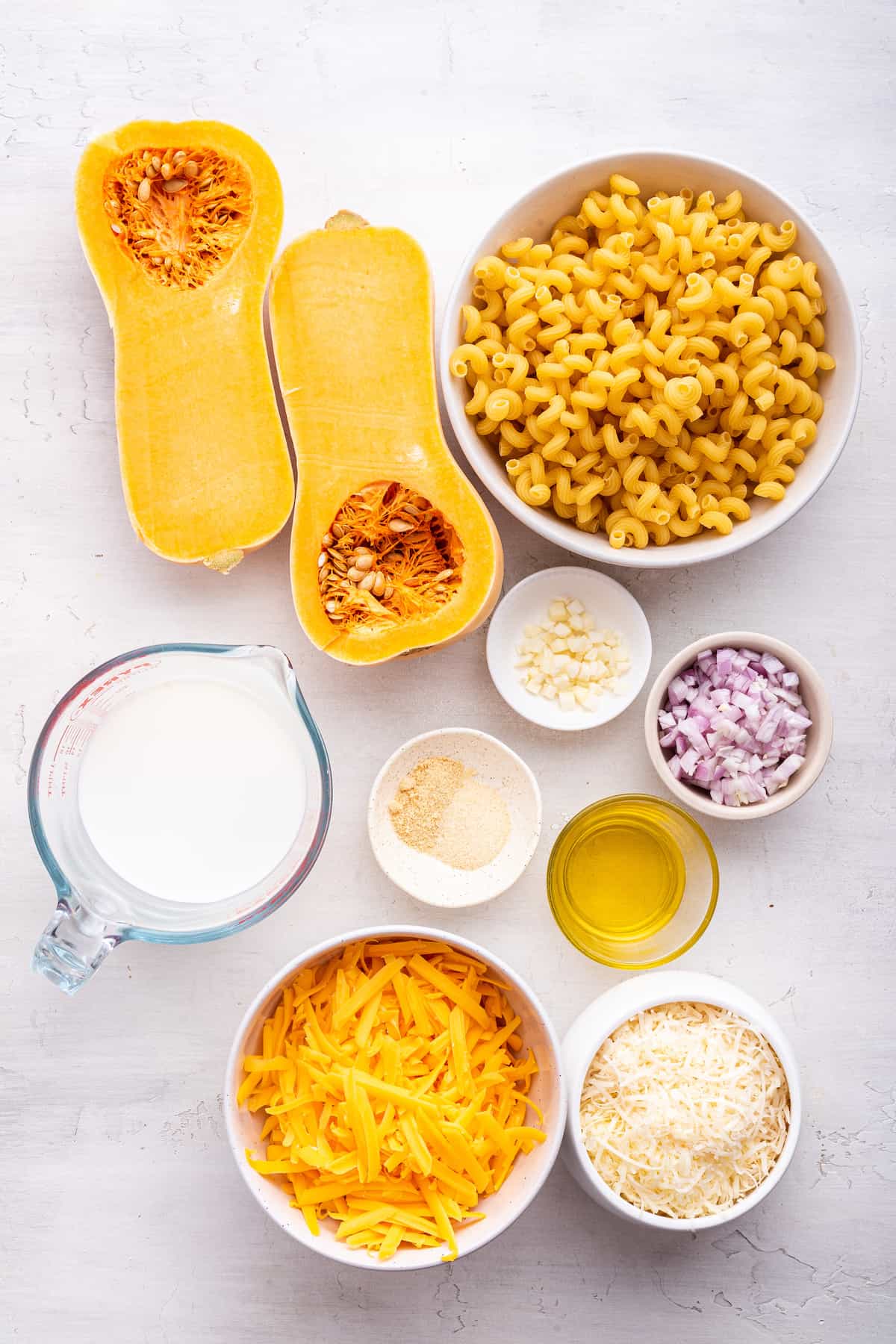 Overhead view of ingredients for butternut squash mac and cheese
