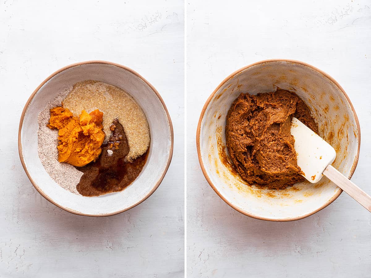 Side by side photos of pumpkin cookie mixture; one before stirring and one after