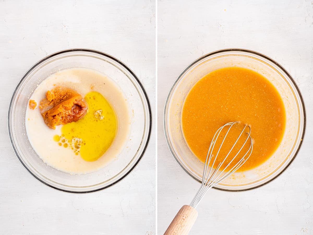 Side by side photos of wet ingredients for pumpkin bread; one before mixing and one after