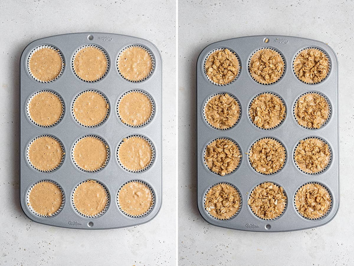 Side-by-side photos of apple cinnamon muffin batter in pan and batter topped with crumb mixture