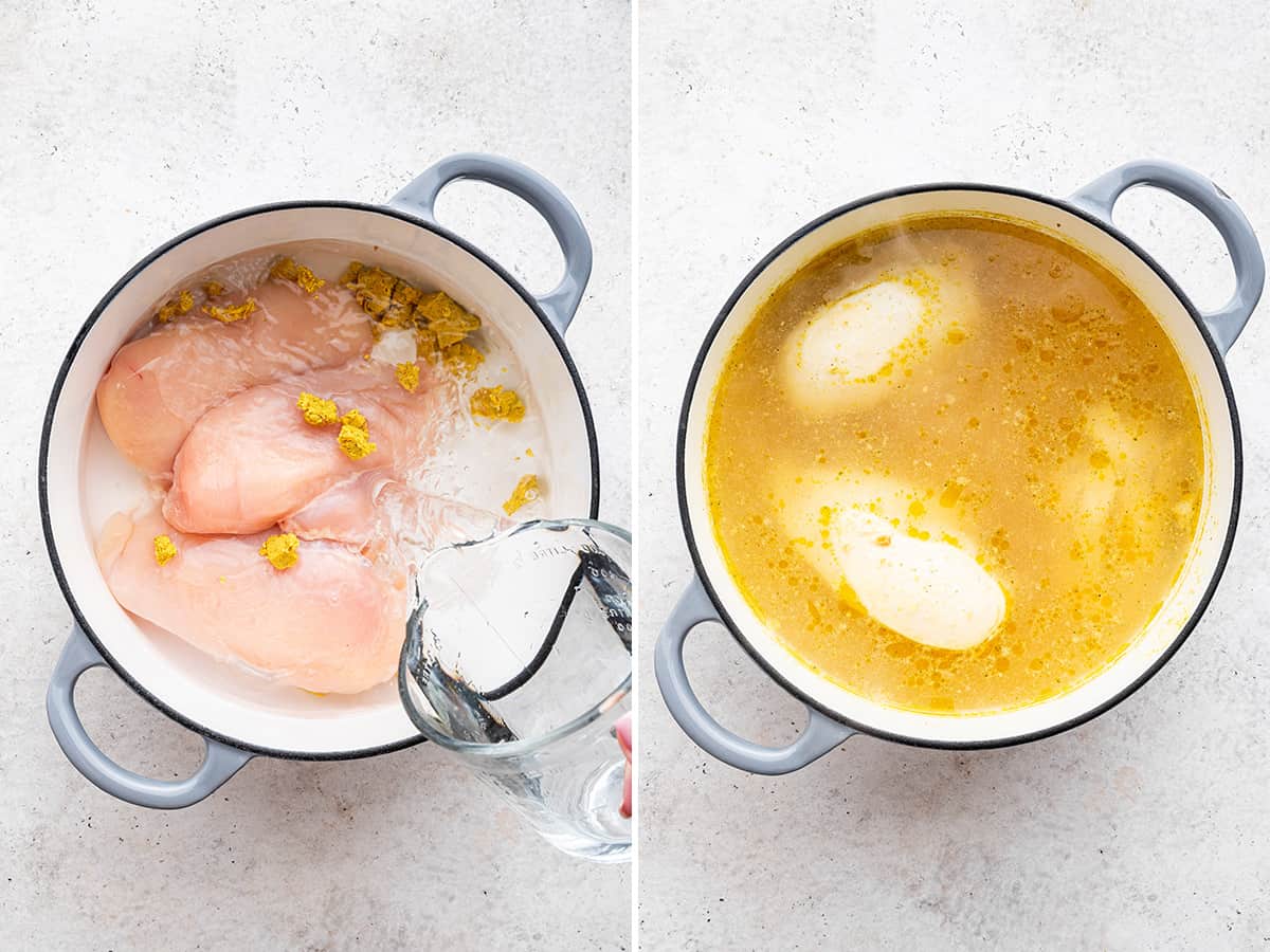 Side by side photos: pouring water into Dutch oven with chicken and bouillon cubes and chicken cooked in broth