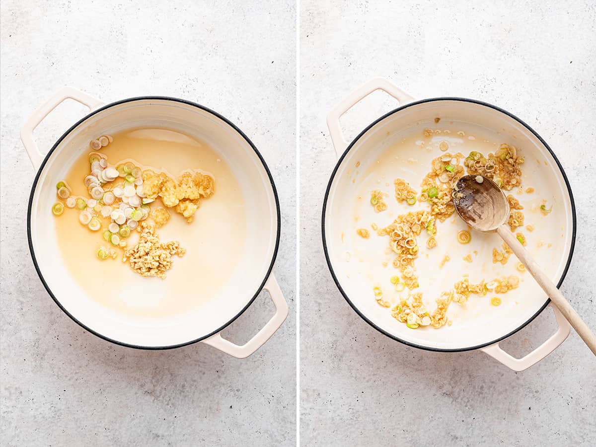 Side-by-side photos of uncooked and cooked aromatics in pot
