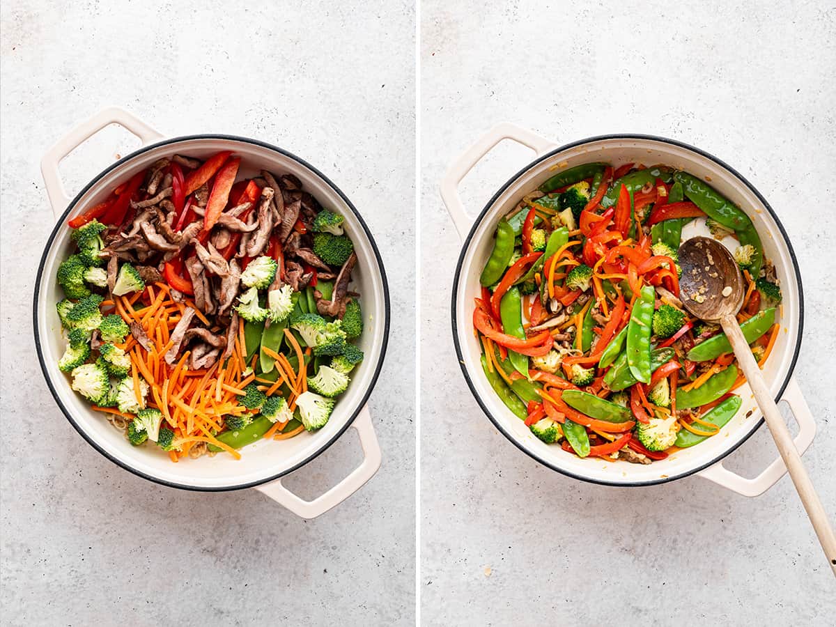 Side-by-side photos of uncooked vegetables and cooked vegetables in pot