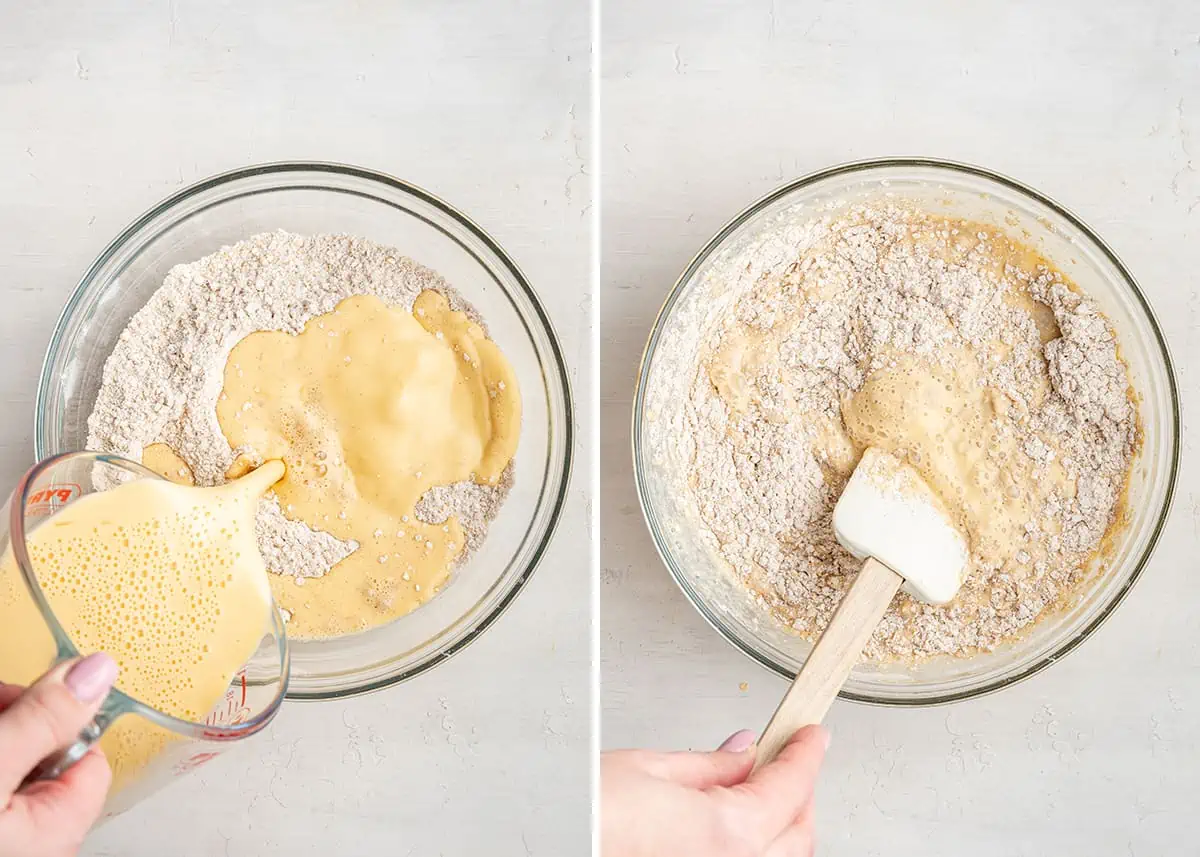 Side by side of a pyrex pouring wet ingredients into a mixing bowl with flour, and a hand using a rubber spatula to stir the ingredients together