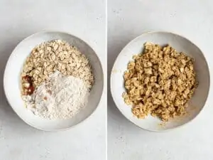 collage of mixing ingredients for muffin crumb coating