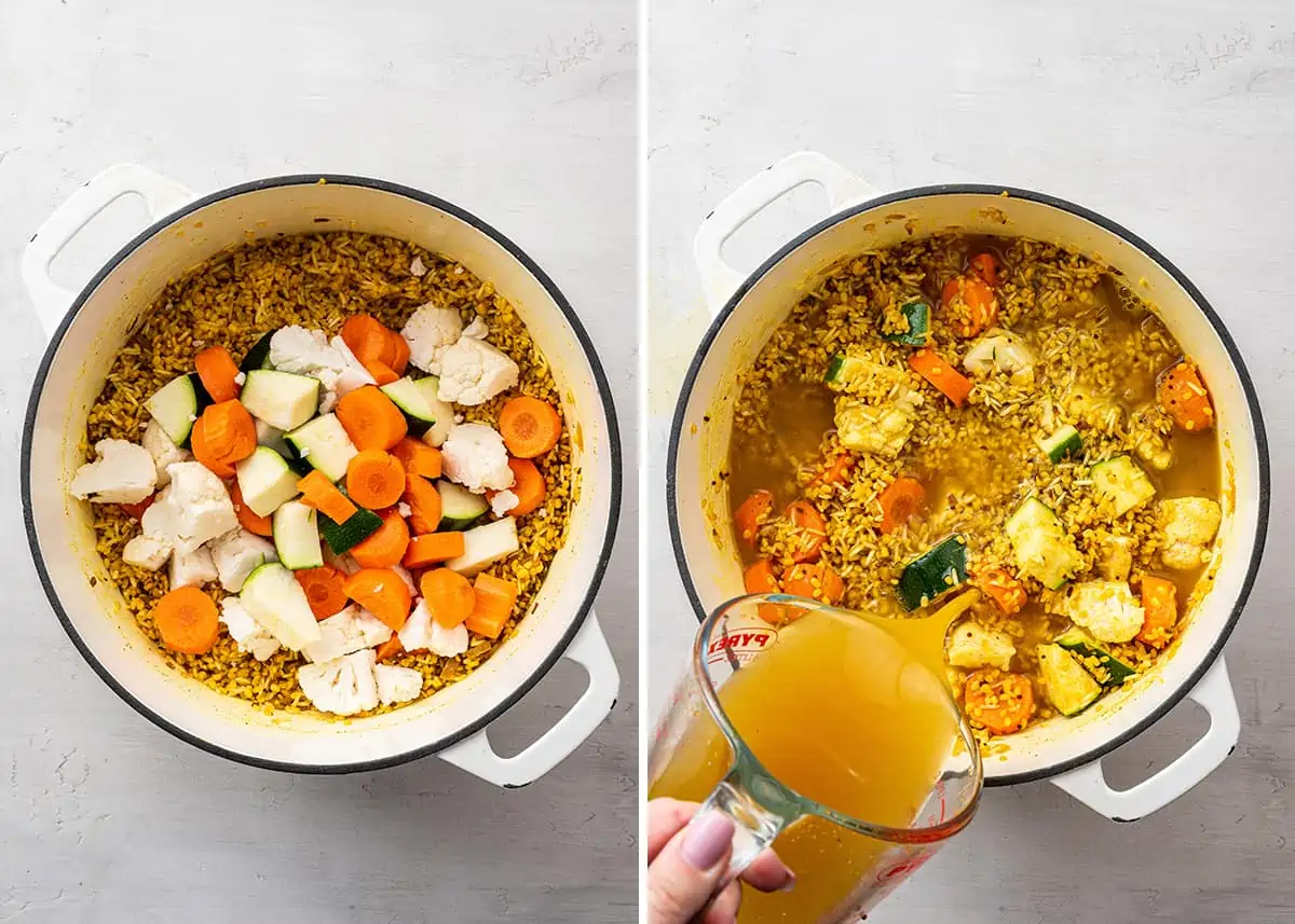 Side by side of a pot with rice and dal, topped with raw carrots, cauliflower, and zucchini, next to a pot with all those ingredients stirred together, with a hand pouring vegetable broth into the pot