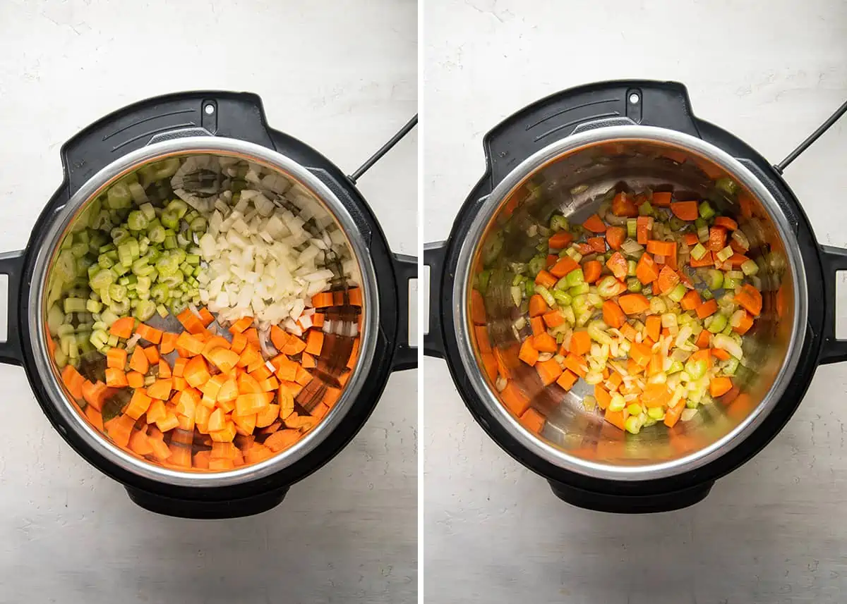 Side by side of raw carrots, celery, and onions in the Instant Pot, next to cooked onion, carrots, and celery in an Instant Pot