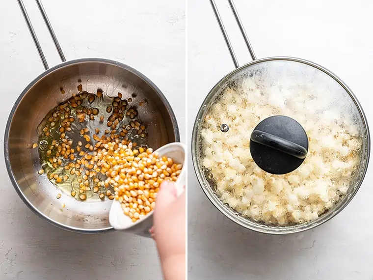 Two photos showing process of making popcorn in a pot