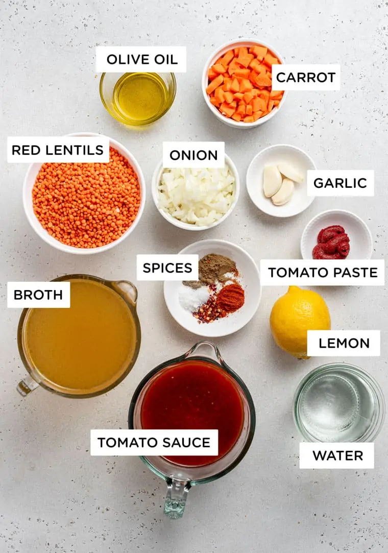 ingredients for red lentil soup with tomatoes and carrots