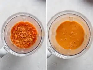 overhead of two blender containers blending ingredients for lentil soup